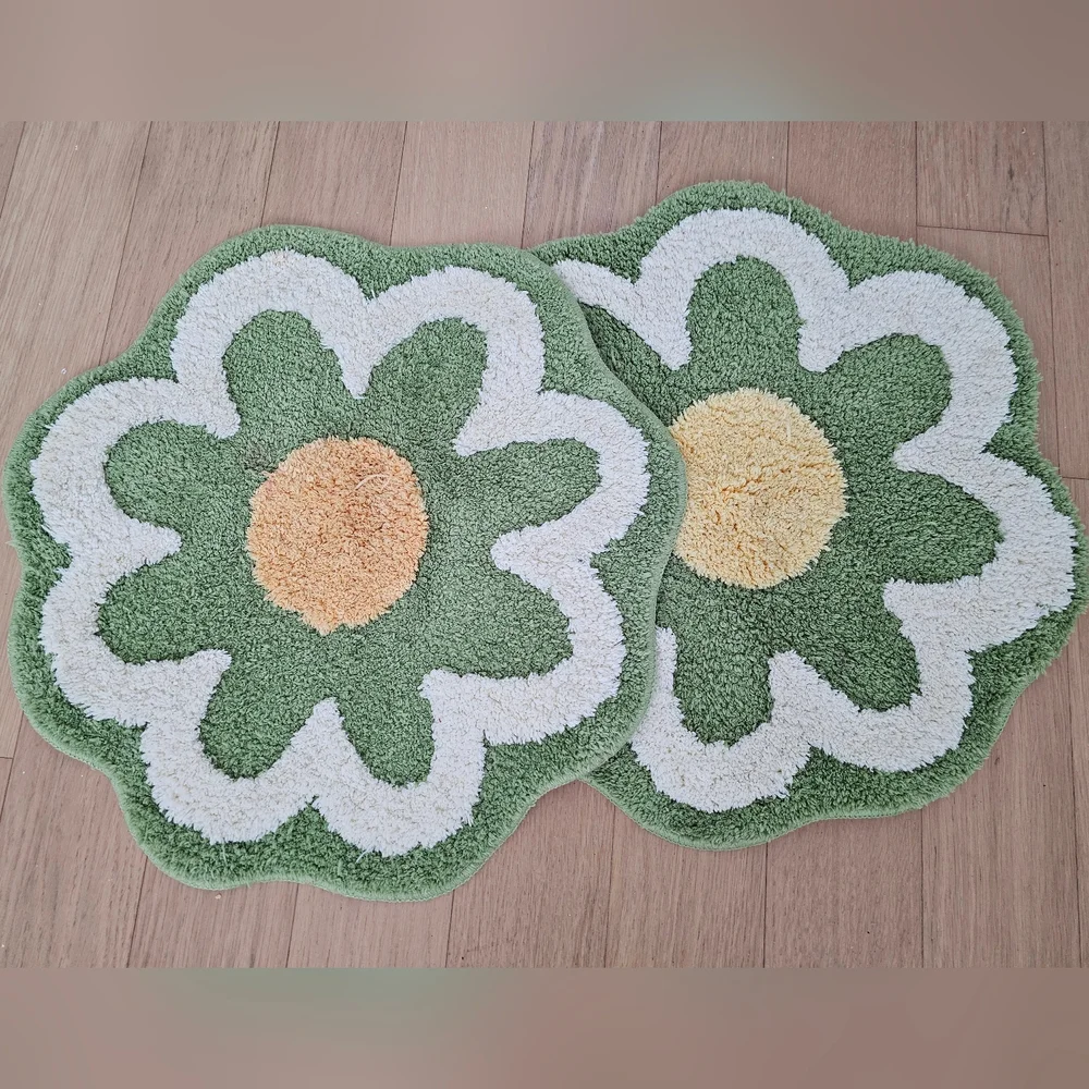 Set of 2 Small Floral Rugs – Green & Yellow, Brand New